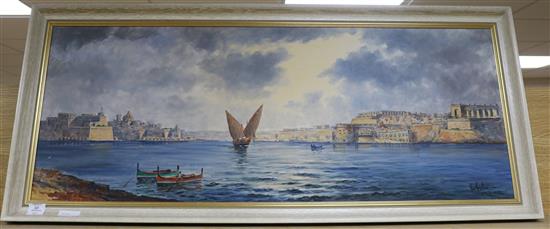 Joseph Galea, oil on canvas board, Valetta Harbour, Malta, signed and dated 1918, 18 x 46in.